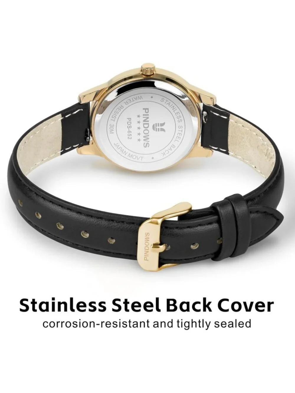 Pindows Womens Black White Elegant Quartz Analog Leather Strap Fashionable Watch